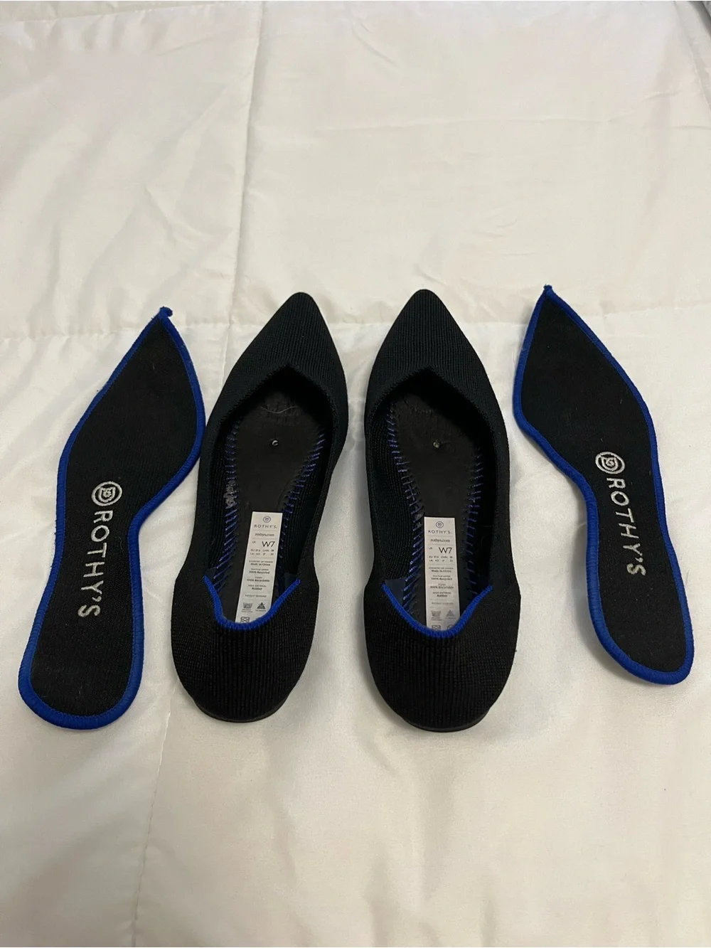 Rothy's Black Pointed-Toe Knit Flats with Blue Trim